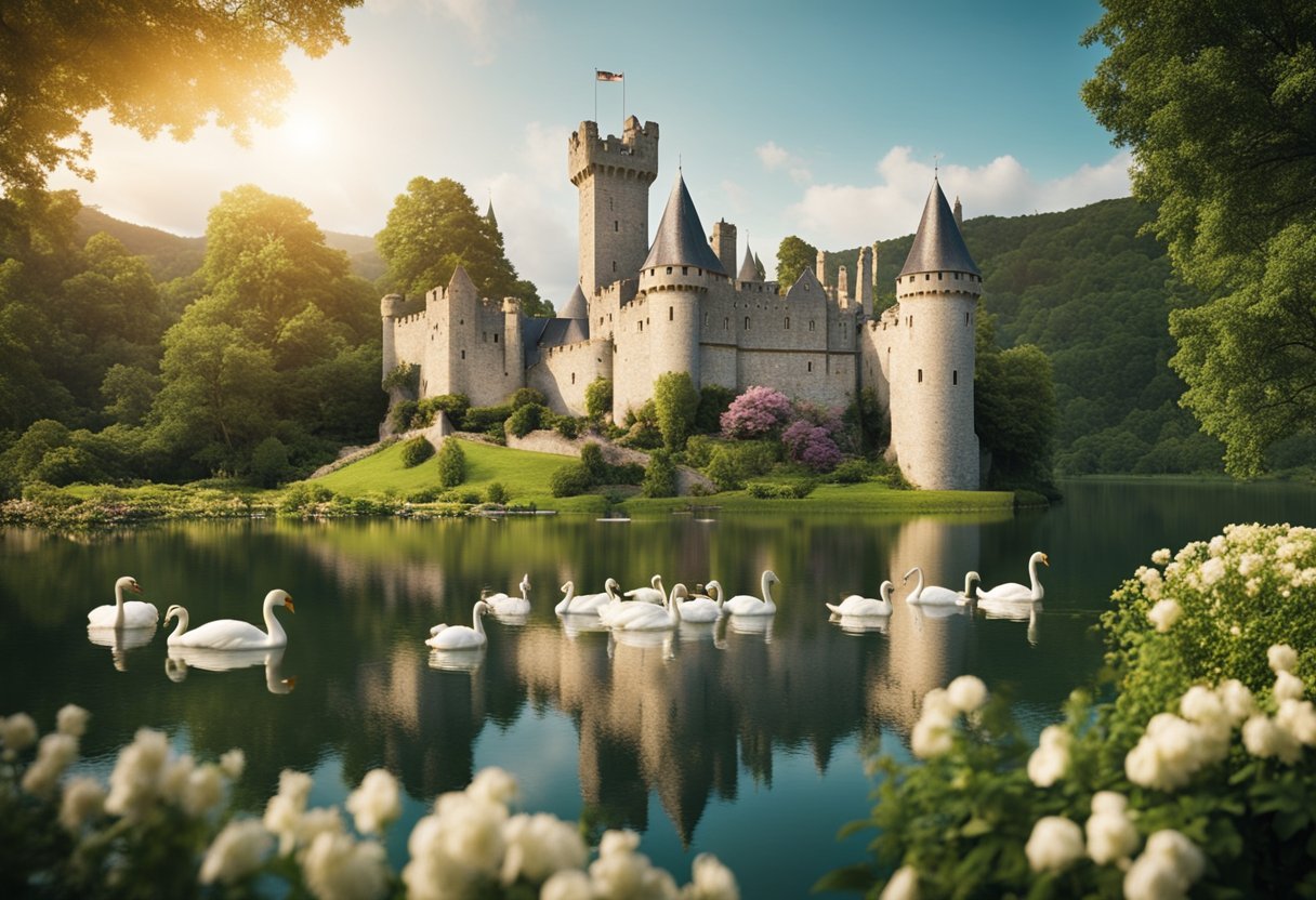 A picturesque castle nestled in lush green hills, overlooking a serene lake with swans gliding gracefully. A grand marquee adorned with twinkling lights and vibrant flowers, surrounded by ancient oak trees