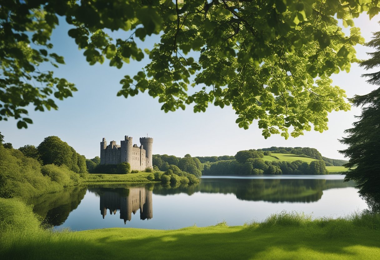 A picturesque Irish countryside with a charming stone castle in the background, surrounded by lush greenery and a tranquil lake